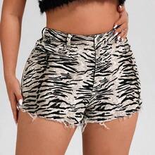 ICON Plus Size Women's Fashion Tiger Stripe Washed Frayed Hem Denim Shorts - Multicolor - Ver 2