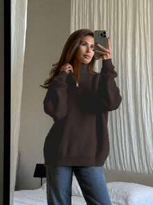 Women's Simple Ribbed Solid Color Casual Korean Textured Commuter Loose Versatile Stand Collar Zipper Half-Placket Pullover Long Sleeve Sweater, Spring/Autumn/Winter - Coffee Brown - View 5