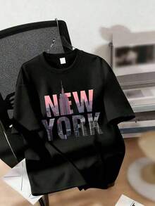 One Women's T-Shirt With A New York City Print, Comfortable And Casual, Fashionable For Spring And Summer, Suitable For Everyday Wear, Parties, School, Music Festivals, Vacations, And Work. It Makes A Great Gift For Family, Boyfriends, Girlfriends, Friends, And Girls. Black Summer Clothing, 180g, 100% Cotton, Printed Designs. Unisex. - 黑色 - 查看 10