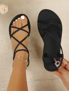 女款時尚夏季黑色細帶交叉平底涼鞋，純色休閒度假沙灘女鞋，優雅女式涼鞋，派對度假禮物 - 黑色 - 查看 2