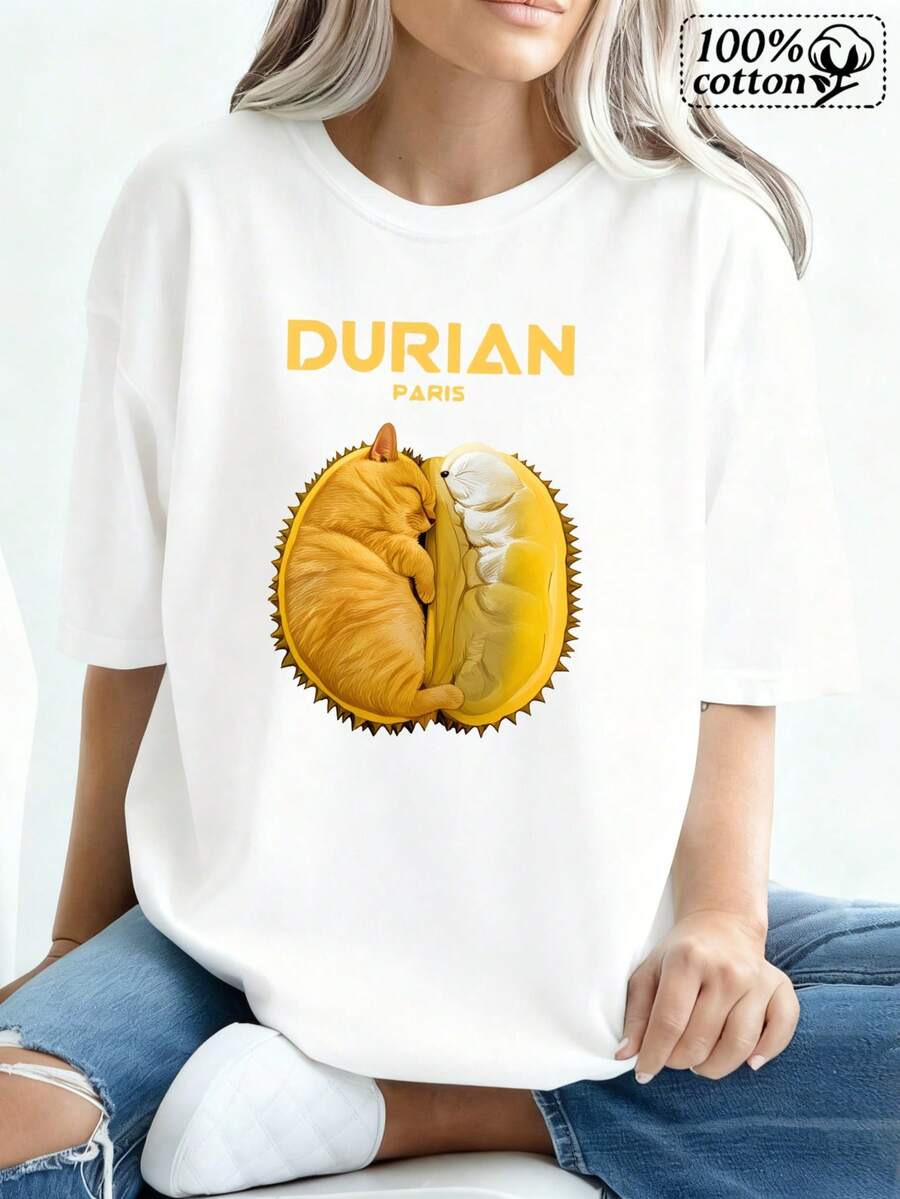 Camiseta mujer de moda | Diseño de gato y fruta Durian con estampado frontal blanco con texto "Durian Paris" | Vestido cómodo y informal para las salidas cotidianas y el estilo cajero
