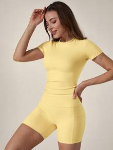 TimeOff 1 Set Women's Solid Color Fitted Short Sleeve T-Shirt And Shorts Sports Suit - Yellow - View 9