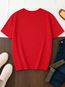 1pscCamiseta para mujer de 100% algodón con cuello redondo y manga corta, excelente calidad de tela, cómoda y suave al tacto, Estampada ORIGINAL de Película Lilo y Stitch ideal para toda ocasión, diseño de stich con Trapos saludando con la leyenda "Hello"100% Cotton - Rojo - Ver 3