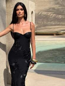 Nuevo Vestido Largo Sensual, Silueta Delgada con Espalda Descubierta y Lazo Decorativo - Negro - Ver 4