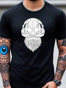 Camiseta Negra de Hombre, Estilo Casual Urbano, Tejido Grueso, con Estampado de Calavera Barbuda, Auriculares y Ancla, Suave y Transpirable, Ideal para Uso Diario y Vacaciones - Negro - Ver 8