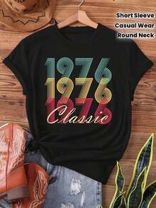 Women's 50th Birthday T-Shirt For 1976 - 50th Birthday Gift, Casual Short Sleeve Crew Neck Top With 50th Birthday Print, Summer And Spring Birthday Celebration In Black - 黑色 - 查看 4