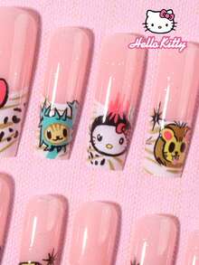 SANRIO Bộ 24 miếng dán móng tay gel 3D hình vuông cỡ trung bình, họa tiết Hello Kitty, sư tử, da báo, sao, nơ, trái tim, quái vật và kim cương theo phong cách Cyberpunk, vừa vặn hoàn hảo với móng tay acrylic, bao gồm 1 lọ keo và 1 dũa móng, phù hợp cho phụ nữ và các cô gái sử dụng hàng ngày và trong các bữa tiệc. - Nhiều màu - Xem 3