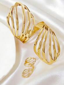 1 Set de brazalete y anillo abierto con capas de conchas abstractas, chapado en oro, joyería de moda para declaración para mujeres, para fiesta - Dorado - Ver 2