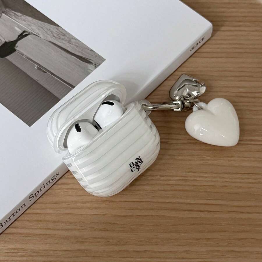 Husă pentru căști stil coreean, creativă, transparentă cu dungi + pandantiv inimă albă, compatibilă cu Pro 3, New Pro 2, Apple 4, Minimalist 3, protector personalizat 1/2 pentru căști, husă pentru căști primăvară/vară, cadou de zi de naștere/cadou de sărbători - alb - Vizualizare 1