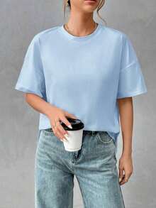 Camiseta holgada de estilo minimalista casual para mujer, con parte delantera corta y parte trasera larga, versátil para usar en la calle, adecuada para primavera y verano - Celeste - Ver 6