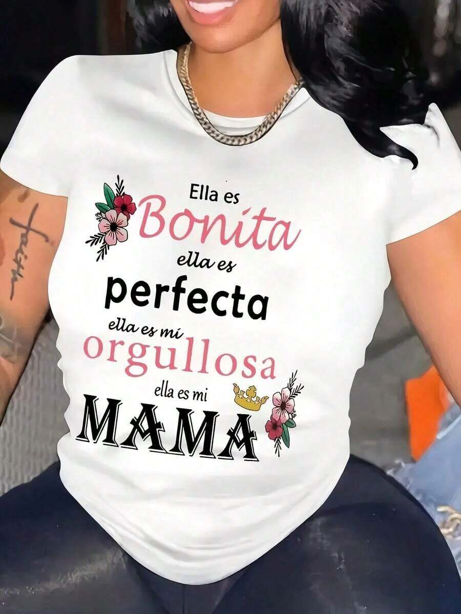 Women's T-Shirt For Mother's Day With Floral Print And Spanish Lettering - Round Neck, Short Sleeve, "Mama" Design, Pink Flowers And Green Leaves - Comfortable And Breathable, Gift For Spring/Summer, Machine Washable, FestiveSoft Graphic T-Shirt - 白色的 - 查看 1
