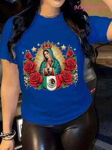 GiftMujer estilo casual estampado Virgen de Guadalupe holgado cuello redondo manga corta primavera verano uso diario camisetaSoft - Azul - Ver 7