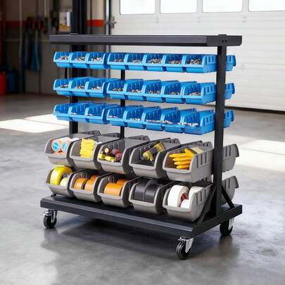 5-Tier Double-Sided Rolling Bin Storage Rack, 68 Plastic Bins, Dual-Sided Parts Organizer With Wheels, Mobile Tool Organizer For Garage, Warehouse, Office, Restaurant, Classroom, Kitchen