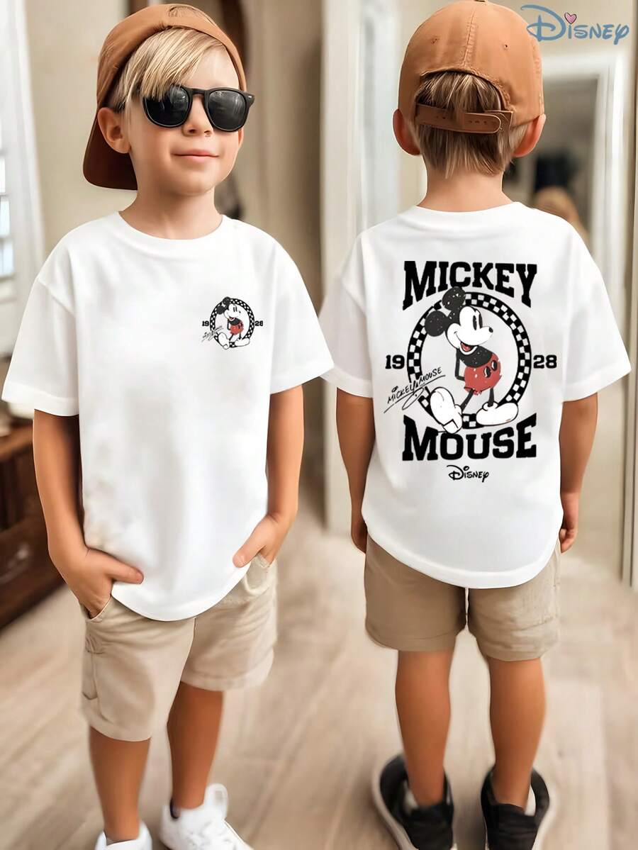 Boys' Disney Mickey Mouse T-Shirt, Kids Retro 1928 Checkered Graphic Tee, Soft Breathable Casual Top For Boys, Perfect For Theme Park Trips, Playdates, Backyard Fun & After-School Activities - trắng - Xem 1