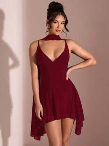 Vestido corto de gasa con escote en V profundo y cinta de color negro sólido, adecuado para citas diarias, salidas nocturnas, discotecas, fiestas, reuniones, fiestas de cóctel, monos de vacaciones, fiestas en la piscina, ropa de oficina, vestidos para ir y venir - Burdeos - Ver 6