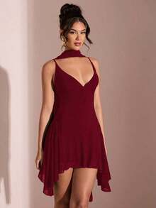 Vestido corto de gasa con escote en V profundo y cinta de color negro sólido, adecuado para citas diarias, salidas nocturnas, discotecas, fiestas, reuniones, fiestas de cóctel, monos de vacaciones, fiestas en la piscina, ropa de oficina, vestidos para ir y venir - Burdeos - Ver 7