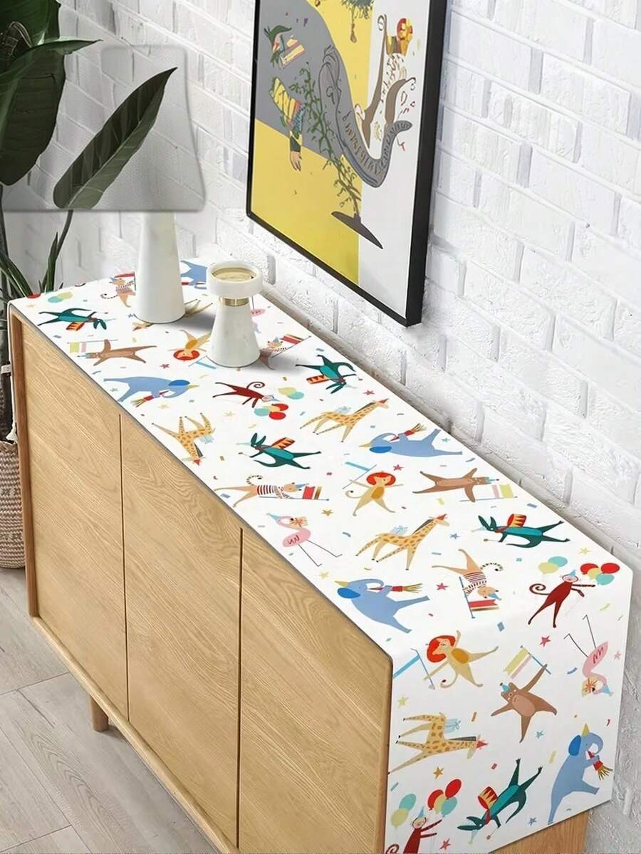1pc Linen Table Runner Featuring A Jungle Animal Zoo Theme, Perfect For Birthday Parties, Baby Showers, And Home Dining Decor - Apricot - View 1