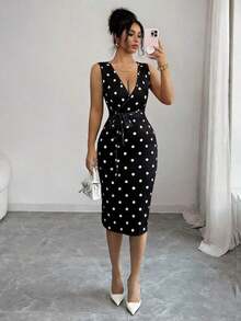 Vestido midi elegante sin mangas con estampado de encaje 3D, cuello superpuesto, cinturón en la cintura, uso diario casual, vestido de encaje elegante en color albaricoque - Negro 2 - Ver 3