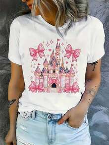 Women's T-Shirt | Castle Graphic Print T-Shirt With Pink Bow | Casual Short-Sleeved Crew Neck Top For Women, Ideal For Spring/Summer, With Gold Star Design | Comfortable And Lightweight - 白色的 - 查看 1