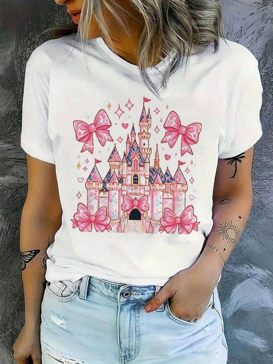 Women's T-Shirt | Castle Graphic Print T-Shirt With Pink Bow | Casual Short-Sleeved Crew Neck Top For Women, Ideal For Spring/Summer, With Gold Star Design | Comfortable And Lightweight - 白色的 - 查看 1