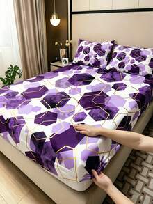1PC 2D Plane Blue Marble Hexagon Print Fitted Sheet , Geometric Bedding , Modern Minimalist Bed Cover For Home Bedroom Suitable For Twin/Full/Queen/King Size Bed, Machine Washable, Ideal For F Bedroom Decor - Purple - View 1