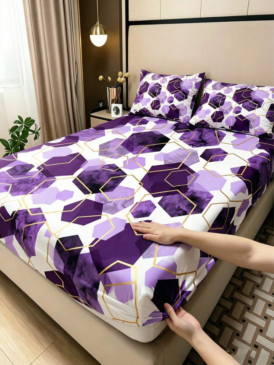 1PC 2D Plane Blue Marble Hexagon Print Fitted Sheet , Geometric Bedding , Modern Minimalist Bed Cover For Home Bedroom Suitable For Twin/Full/Queen/King Size Bed, Machine Washable, Ideal For F Bedroom Decor - Purple - View 1