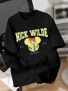 Camiseta con estampado de dibujos animados de Disney Zootopia Nick, estampado de Disney Mad Animal City Nick - Diseño estampado a doble cara, camiseta de manga corta de verano para hombre, camiseta de manga corta de algodón 100% de alta calidad, relajada, transpirable, manga corta informal, universal para hombres y mujeres, ropa de viaje a Disneyland, ropa para parejas, ropa informal para el día a día, ropa urbana, ropa de vacaciones, ropa universitaria, el mejor regalo - Negro - Ver 2