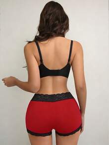 1pc Women Lace Patchwork Elegant, Comfortable, Cooling Knit Briefs - Red - View 2