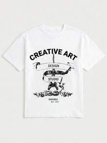 Camiseta holgada de mujer con estampado de letras retro, top casual de cuello redondo y manga corta, uso versátil para el día a día - Blanco - Ver 7
