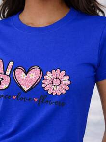 Soft 100% Cotton T-Shirt, Casual Women's T-Shirt With Cursive Lettering, Retro, Peace Symbols, Love And Flowers, Leopard Print, Heart, Breathable Cotton T-Shirt, Matches Everything, Cool. - 藍色 - 查看 2