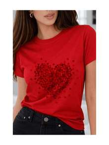 Soft 100% Cotton T-Shirt, Short Sleeve, Heart Mosaic Sleeve Print, Romantic Casual Style, Micro Hearts, Breathable Cotton T-Shirt, Goes With Everything, Great. - 紅色 - 查看 2