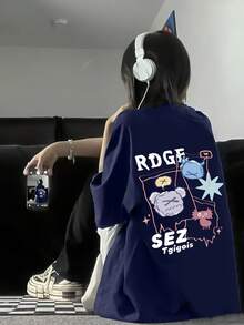 Camiseta de manga corta para mujer, holgada y delgada, moderna y atractiva, de tela suave y transpirable. - Color azul marino - Ver 1