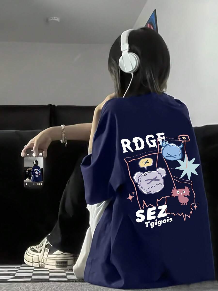 Camiseta de manga corta para mujer, holgada y delgada, moderna y atractiva, de tela suave y transpirable. - Color azul marino - Ver 1