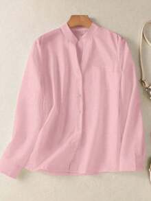 Camisa de mujer de unicolor con cuello en V y botones - Blusa casual y elegante de manga larga con detalle de bolsillo, adecuada para vacaciones, viajes y uso diario, artículo esencial para primavera, verano, otoño e invierno - Rosa Pálido - Ver 8