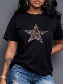 Star Print With Animal Pattern Symbolizes Freedom And A Bold Personality, Perfect For The Woman Who Exudes Confidence And Seeks A Wild Chic Touch. Women's T-Shirt 100% Cotton, Maija Women Curvy. - 黑色 - 查看 7