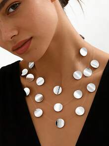1 pieza Collar invisible de metal plateado con diseño geométrico circular multicapa, joyería para fiestas y días festivos - Plateado - Ver 18