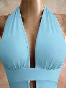 Vestido mini sexy de fiesta con cuello halter y lazo de unicolor para mujer - Azul - Ver 5