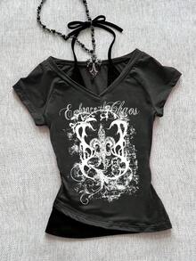 Camiseta de mujer casual de cuello en V retro, con atar, de manga corta y contraste de color, adecuada para el verano - Gris Oscuro - Ver 10