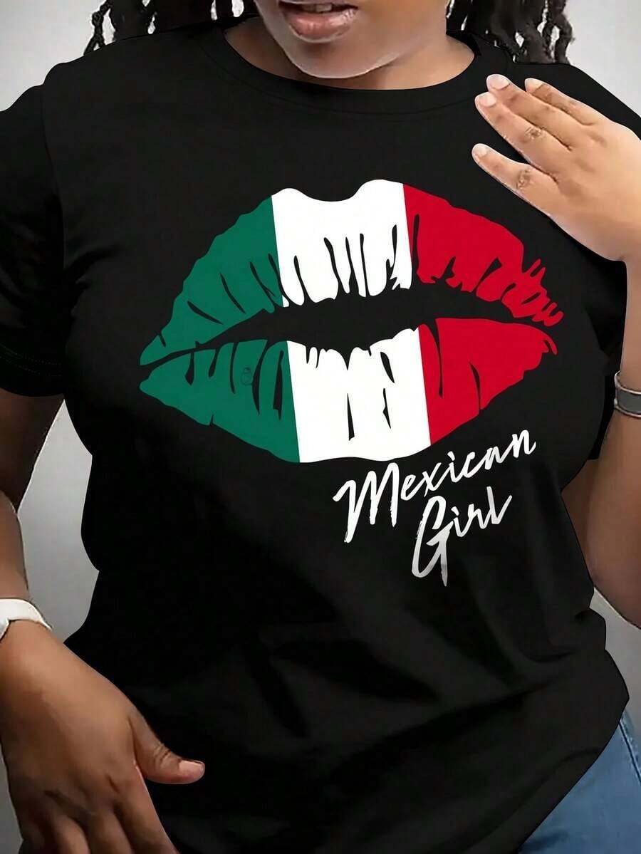 Women's Mexican Graphic T-Shirt, Casual, Short Sleeve, Crew Neck, With Bold Lips Print, Lightweight, Perfect For Spring And Summer, Casual Wear, Cultural Print T-Shirt, Machine Washable, Sizes L-3XL 4XL 5XL2026 - 黑色 - 查看 1