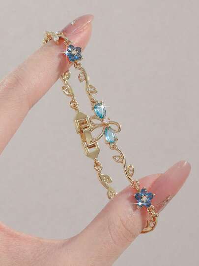  1pc Butterfly & Floral Decor Bracelet, Light Blue Stone Accent, Calming Energy, Elegant & Refined, Suitable For Women's Daily Wear, Also Great For Wedding, Date, Anniversary, Birthday, Mother's Day, Christmas, Carnival, Wedding Party/Prom/Gathering Accessory, Valentine's Day, Boho Jewelry, Bridesmaid Gift