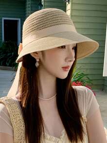 1pc Women Summer Sun Hat, Simple & Stylish Big Brimmed Bowknot Decor Straw Hat, Versatile Sun Protection Accessories - Multicolor - View 13