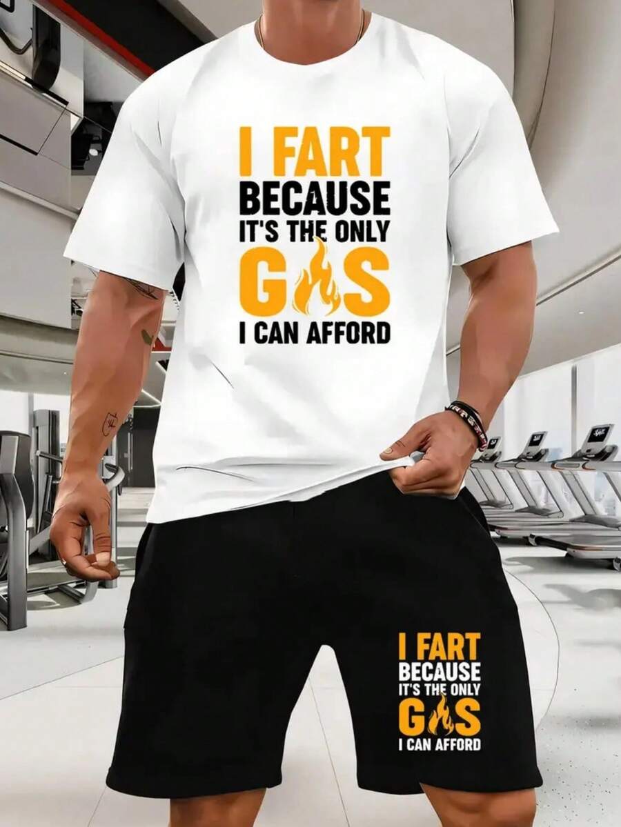 New Men'S Fashion Clothing, Summer Casual Round-Neck Short-Sleeve T-Shirt And Drawstring Shorts Set, Men'S Vacation And Fitness Apparel, Printed Letter Casual Set, Smooth Fabric, Soft And Comfortable, Breathable, Cool, Sweat-Absorbent - 短褲 - 查看 1