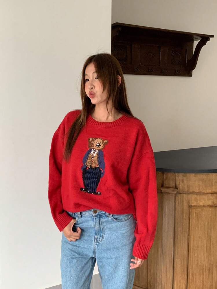 くま柄ドロップショルダーオーバーサイズセーター | SHEIN JAPAN