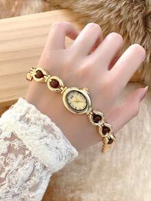 1 buah Jam Tangan Wanita Warna Emas/Hijau, Desain Dial Kecil Minimalis Terbaru, Elegan & Modis, Mesin Quartz, Cocok Untuk Pemakaian Sehari-hari/Pesta - Emas - View 3