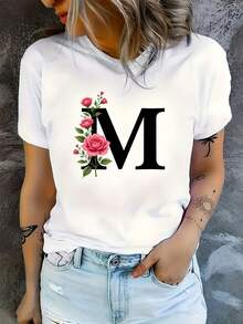 1 Piece Of Women's Short-Sleeved T-Shirt With Bold Letter M And Floral Print, Casual White Blouse For Informal Outfits, Machine Washable, Birthday Gift For Women And Teens, Modern Design, Non-See-Through Fabric, Comfortable Fit, Y2K Style T-Shirt. - 黑色 - 查看 1