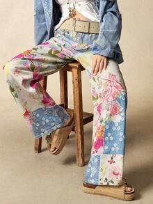 Pantalones anchos de mujer casuales, sueltos y estampados de tejido - Multicolor - Ver 2