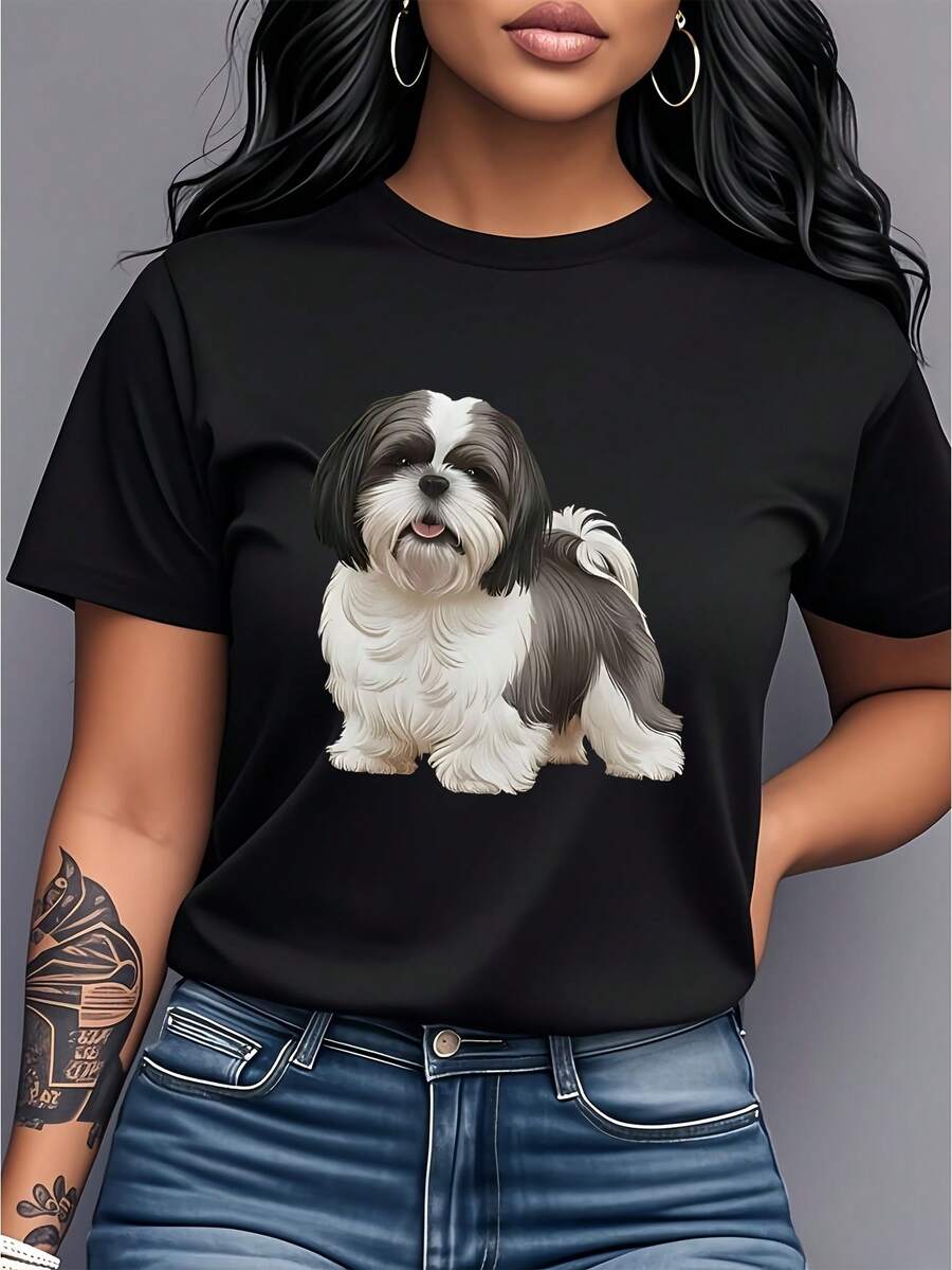Shih Tzu Dog Print T-Shirt, Short Sleeves And Round Neck, Women's Clothing, Modern And Versatile, Suitable For Casual Daily Wear, At Home, Outings And Holidays, Pure Cotton Women's T-Shirt With Print. - 黑色 - 查看 1