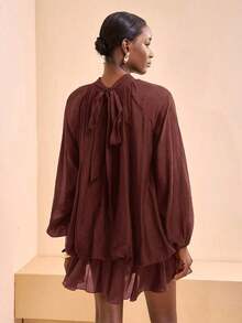 Nuevo vestido mini elegante y glamoroso para mujer con mangas largas de farol, plisado, multicapa y volantes, en color marrón, adecuado para Navidad, Año Nuevo, viajes diarios, festivales, compras, viajes, brunch, ropa de aeropuerto, fiestas, citas, regreso a la escuela, casual, reuniones anuales - Burdeos - Ver 2