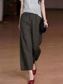 Pantalones anchos de lino de estilo bohemio casual de verano para mujer, de unicolor, con cintura elástica y bolsillos, para primavera - Gris - Ver 4