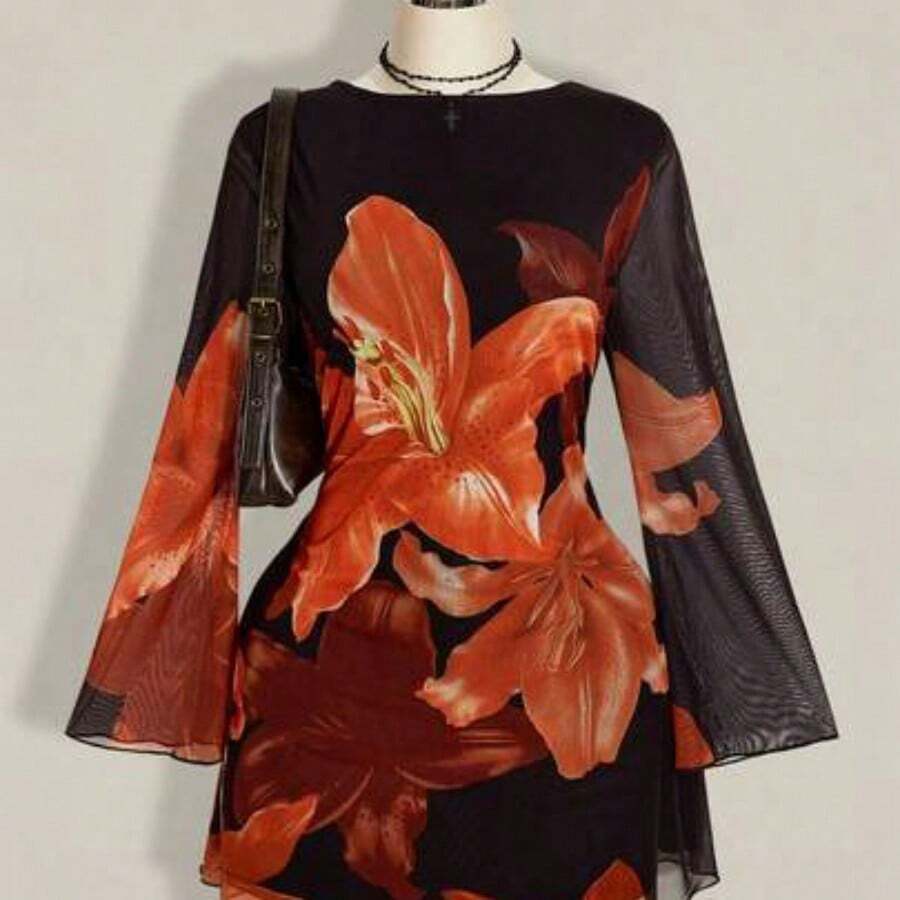 ICON Plus Size Women's Autumn Dresses, Women's Long Sleeve Dresses, Y2k Vintage Large Floral Mesh Trumpet Sleeve Sexy Festival Dress For Daily Wear - Naranja - Ver 1
